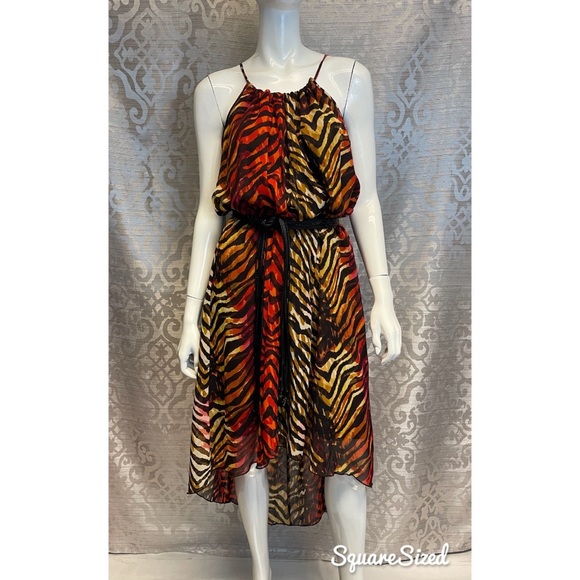 VALERIE BERTINELLI Chiffon Tiger Pattern Animal Print High Low Maxi Boho Dress L - Picture 2 of 11